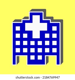 Señal del hospital. Icono azul con trazo blanco en 3d en fondo amarillo. Ilustración.