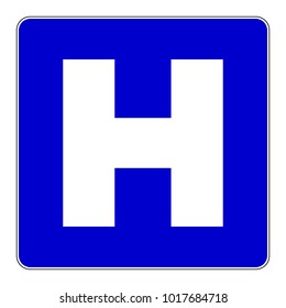 Hospital sign, blue square sign with H symbol, vector illustration.