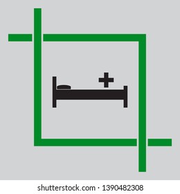 Hospital sign illustration. Black icon inside green crop tool at light gray background