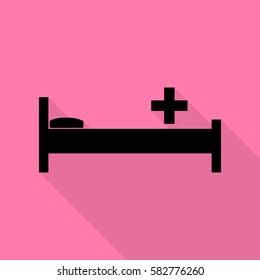 Hospital sign illustration. Black icon with flat style shadow path on pink background.