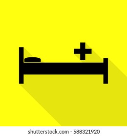 Hospital sign illustration. Black icon with flat style shadow path on yellow background.