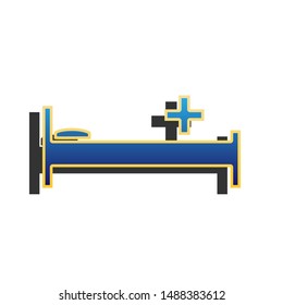 Hospital sign illustration. Blue icon with gold contour with dark gray shadow at white background. Illustration.