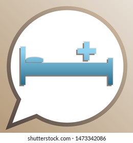 Hospital sign illustration. Bright cerulean icon in white speech balloon at pale taupe background. Illustration.