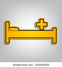 Hospital sign illustration. Flat orange icon with overlapping linear black icon with gray shadow at whitish background. Illustration.