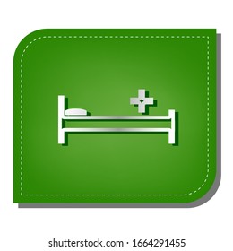 Hospital sign illustration. Silver gradient line icon with dark green shadow at ecological patched green leaf. Illustration.