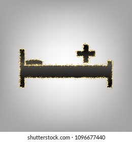Hospital sign illustration. Vector. Blackish icon with golden stars at grayish background.