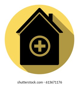 Hospital sign illustration. Vector. Flat black icon with flat shadow on royal yellow circle with white background. Isolated.