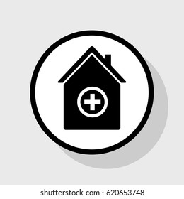Hospital sign illustration. Vector. Flat black icon in white circle with shadow at gray background.