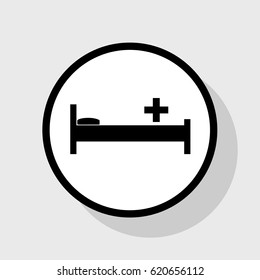 Hospital sign illustration. Vector. Flat black icon in white circle with shadow at gray background.