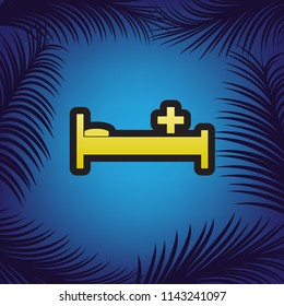 Hospital sign illustration. Vector. Golden icon with black contour at blue background with branches of palm trees.