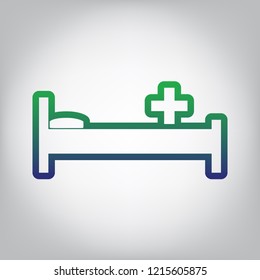 Hospital sign illustration. Vector. Green to blue gradient contour icon at grayish background with light in center.
