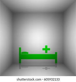 Hospital sign illustration. Vector. Green icon with shadow in the room.