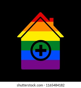 Hospital sign illustration. Vector. Icon with colors of LGBT flag at black background.