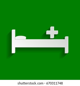 Hospital sign illustration. Vector. Paper whitish icon with soft shadow on green background.