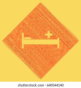 Hospital sign illustration. Vector. Red scribble icon obtained as a result of subtraction rhomb and path. Royal yellow background.