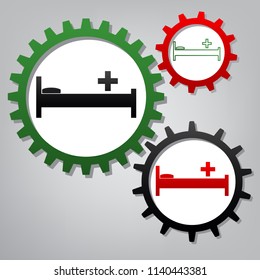 Hospital sign illustration. Vector. Three connected gears with icons at grayish background.