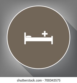 Hospital sign illustration. Vector. White icon on brown circle with white contour and long shadow at gray background. Like top view on postament.