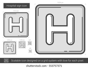 Hospital sign vector line icon isolated on white background. Hospital sign line icon for infographic, website or app. Scalable icon designed on a grid system.