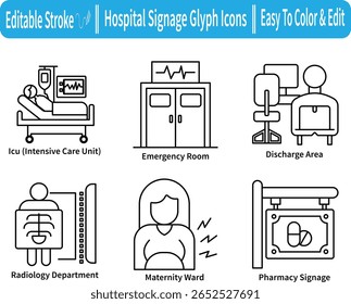 Conjunto de ícone de glifo de sinalização do hospital incluindo ICU, sala de emergência, maternidade, descarga, radiologia e sinalização de farmácia. Traçado editável. arquivo EPS.