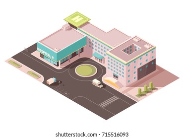 Hospital with signage, helicopter pad and ventilation equipment on roof, road infrastructure, transportation  isometric mockup vector illustration