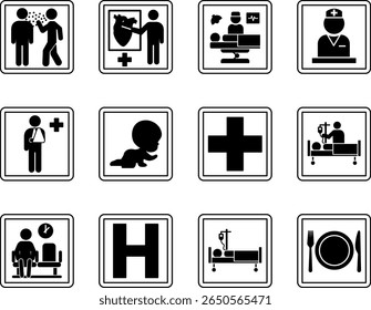 Sinais de hospital. Ícones vetoriais Doença infecciosa, Serviços médicos, Estação de enfermagem, Área de espera, Atendimento infantil, Departamento ambulatorial, Cirurgia, Internação, lanchonete e muito mais