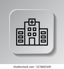 Hospital simple icon vector. Flat design. Black icon on square button with shadow. Grey background.ai