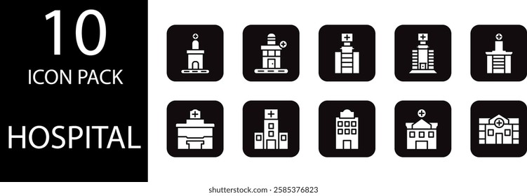 Hospital solid Editable Icons set, Simple yet informative solid hospital icon designs, ideal for healthcare applications and medical infographics.