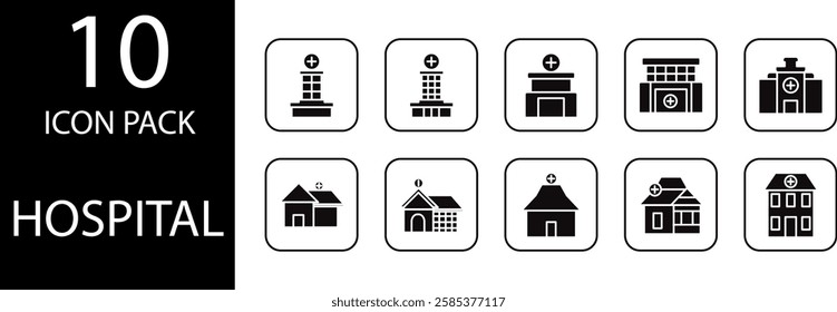 Hospital solid Editable Icons set, A flexible and easily customizable editable hospital solid icon pack to suit medical design needs.