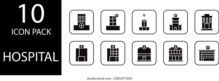 Hospital solid Editable Icons set, A collection of detailed and proportional hospital solid icons, ideal for hospital navigation systems and health applications.