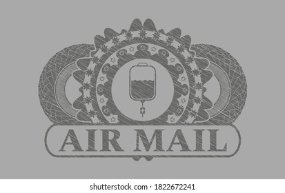 hospital solution bag icon and Air mail text Grey stroke realistic emblem. Solid handsome background. Intense illustration. 