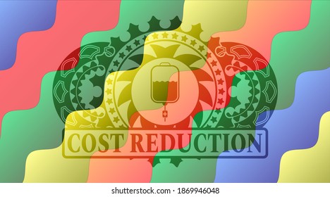 ícono de bolsa de solución hospitalaria y texto de Reducción de costos Colorful cardy insignia multicolor. Curvando un delicado fondo. Ilustración vectorial. 