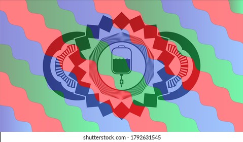 ícono de bolsa de solución hospitalaria dentro de la placa multicolor de caramelo colorido. Fondo de lujo curvado. Ilustración intensa. 