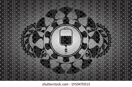 hospital solution bag icon inside black abstract emblem. Pattern fancy background. Intense illustration. 