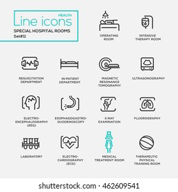 Hospital special rooms - modern vector plain simple thin line design icons and pictograms set. Intensive therapy, resuscitation, in-patient, tomography, ECG, EEG, x-ray, fluorography, laboratory