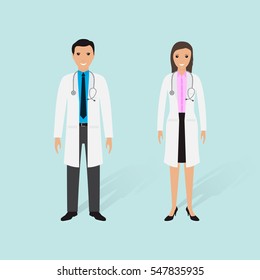 Hospital staff concept. Couple of male and female doctors. Medical people. Flat style vector illustration.