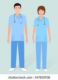 Hospital staff concept. Couple of man orderly and woman nurse. Medical people. Flat style vector illustration.