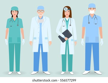Hospital staff concept. Group of man and woman doctors, nurses. Medical people. Flat style vector illustration.