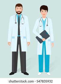 Hospital staff concept. Male and female doctors in medical gowns. Medical people. Flat style vector illustration..