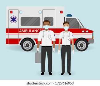 Hospital staff concept. Paramedics ambulance team with medical protection masks on ambulance car background. Male and female emergency medical serviice employee. Flat style vector illustration.