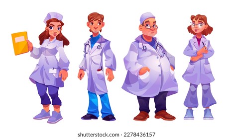 Personal hospitalario, médicos y personal de enfermería. Personajes médicos, trabajadores médicos profesionales. Conjunto de dibujos animados vectoriales de personas diversas trabajan en hospitales o clínicas aisladas de fondo blanco