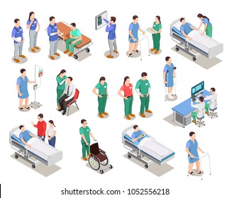 Hospital staff, doctors and patients, medical examination, clinic equipment, set of isometric people isolated vector illustration