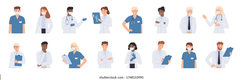 Hospital Staff. Doctors In White Coats Portrait, Nurse In Face Mask And Medical Student. Doctor With Stethoscope Vector Illustration . Pediatrician Healthcare Specialist, Man And Woman Students