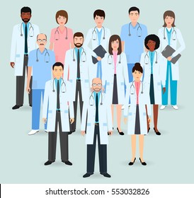 Hospital staff. Group of twelve men and women doctors and nurses standing by pyramid. Medical people. Flat style vector illustration.