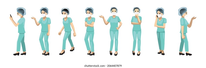 Hospital Staff Nurse with Mask Cartoon Poses Cartoon Vector Illustration
