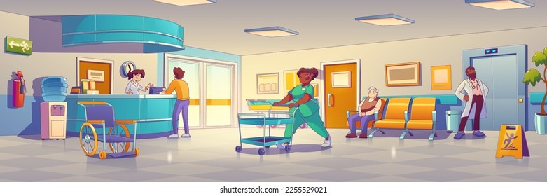 Hospital staff and patients in clinic corridor. Male and female characters making appointment at reception, happy nurse smiling, wheelchair, doctor waiting elevator. Contemporary vector illustration