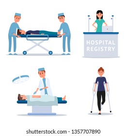 Hospital staff and patients flat illustrations set. Surgeon in operating room vector clipart. Nurse, paramedic helping injured man isolated design element. Emergency service. Medicine and healthcare