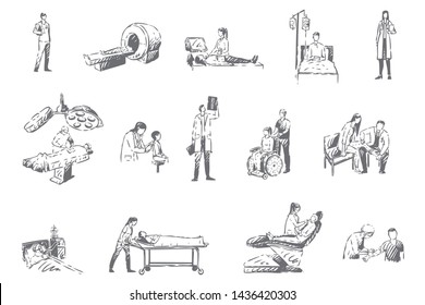 Hospital staff and patients, medicine concept sketch. Health care system, radiology, traumatology and pediatrics departments, vaccination process, medical treatment set. Isolated vector illustration