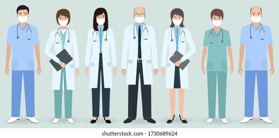 Hospital staff. Set of seven men and women doctors and nurses with medical protective masks. Medical people. Flat style vector illustration.