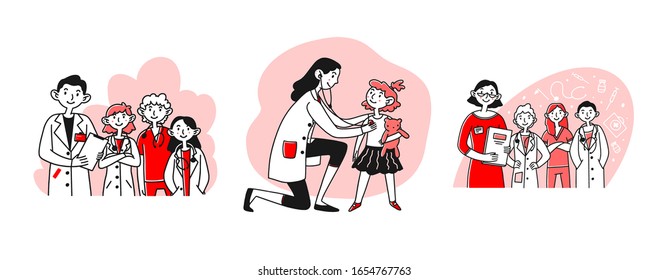 Hospital staff set. Team of doctors, medical professionals, pediatrician. Flat vector illustrations. Medicine, healthcare, examination concept for banner, website design or landing web page