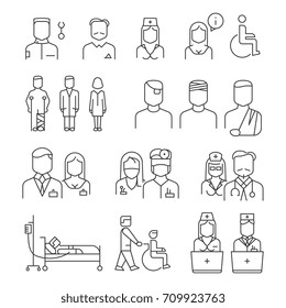 Hospital staff thin line icons set. Specialist and patient, vector illustration